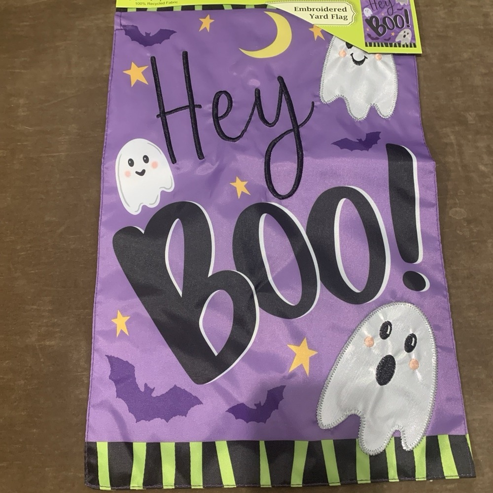 Meadow Creek‎ Embroidered Yard Flag Purple HEY BOO Ghost 12x18" Halloween